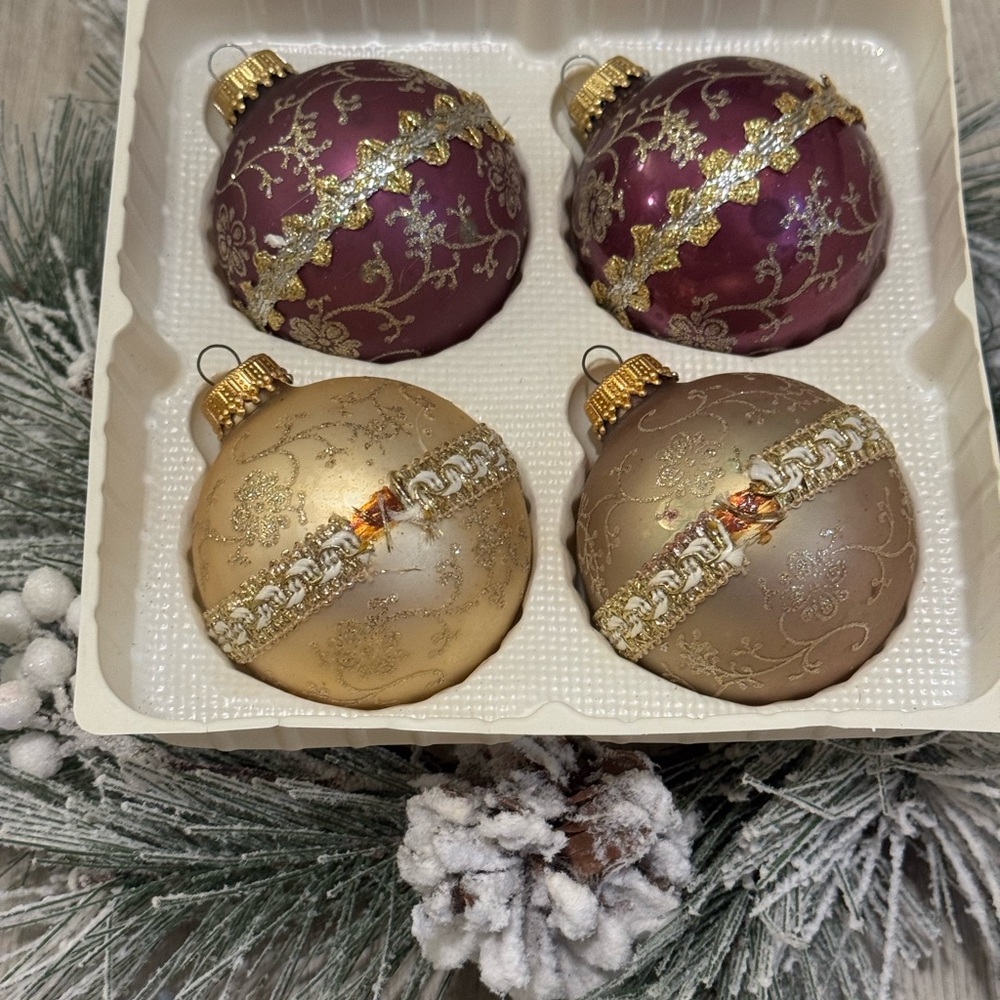 Vintage Christmas By Krebs 8 - Purple Gold Glass Ornaments W/Glitter & Ribbon - Picture 7 of 11